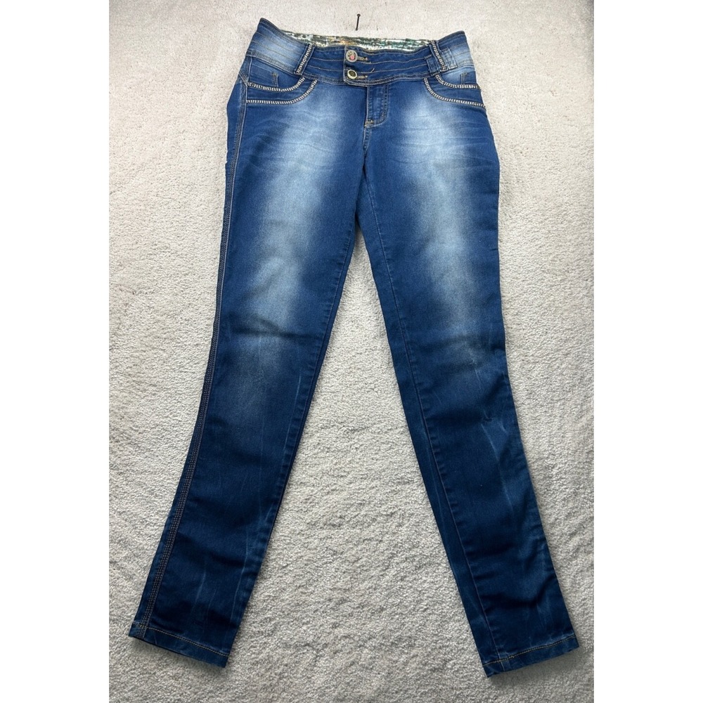 Preta Bronze Womens Size 46 Blue Jeans Tappered Leg Back Zip Pockets Embellished